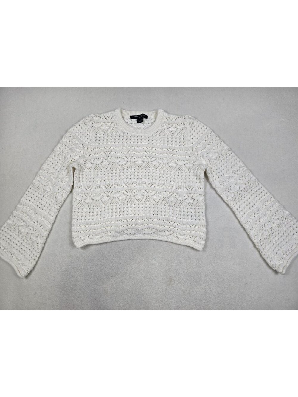 French Connection L White Crochet Knit Crop Sweater Bell Sleeves Boho Flowy